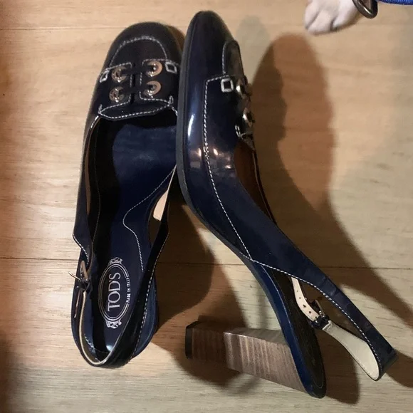 Tod's Navy Slingback Loafers with Metal Accents - Picture 2 of 4